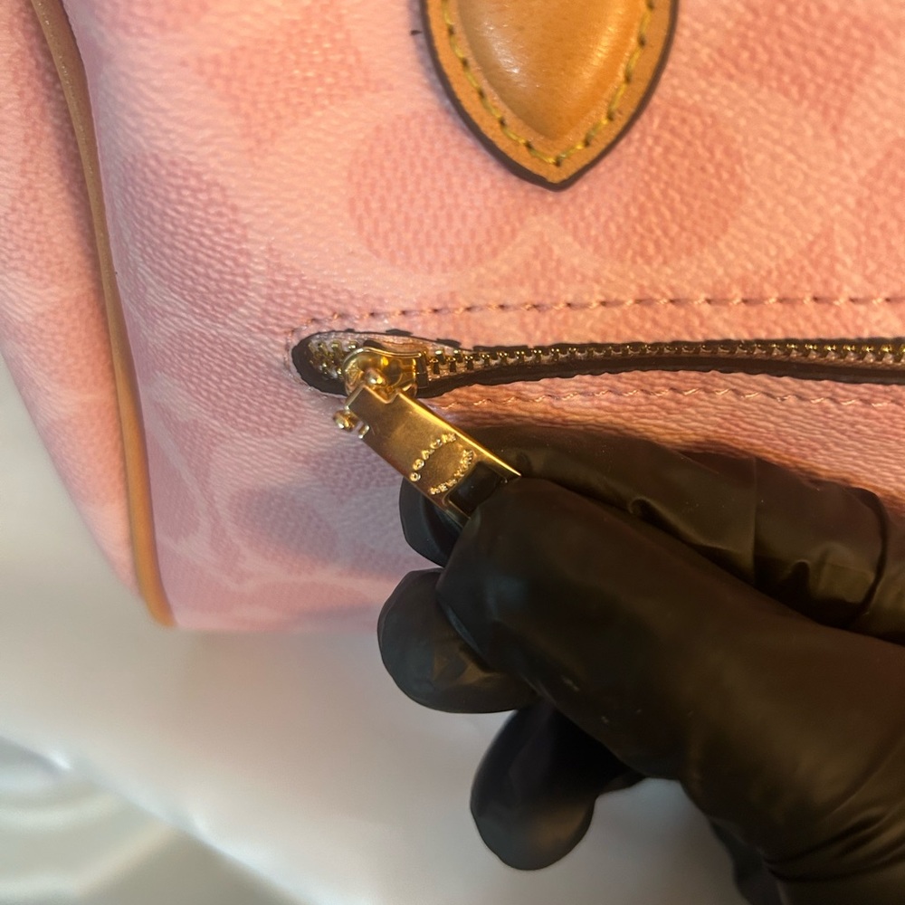 Coach Pink Signature Satchel with Tan Trim and Floral Charm - Picture 7 of 10